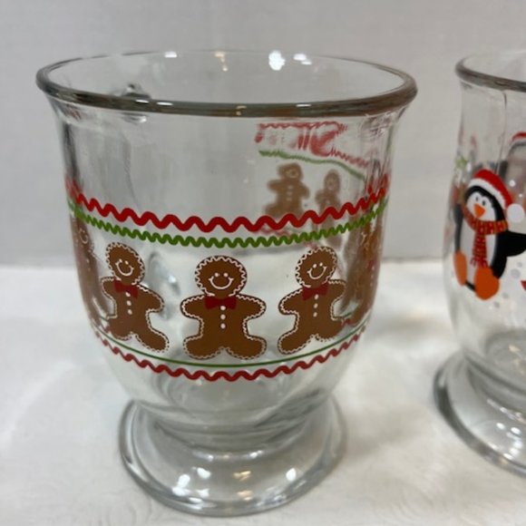 TWO Glass Mugs Gingerbread Men/Penguins Holiday Christmas Winter 15oz - Picture 2 of 10